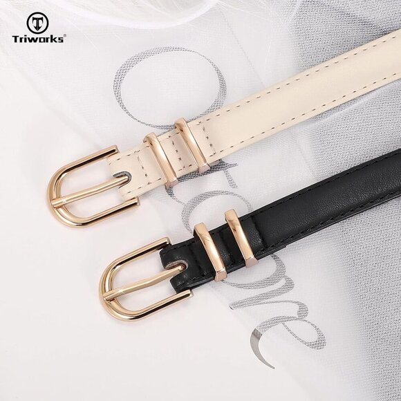 2 Pack Women\'s Skinny Leather Belts Black Beige Gold Thin Faux with Gold Buckle